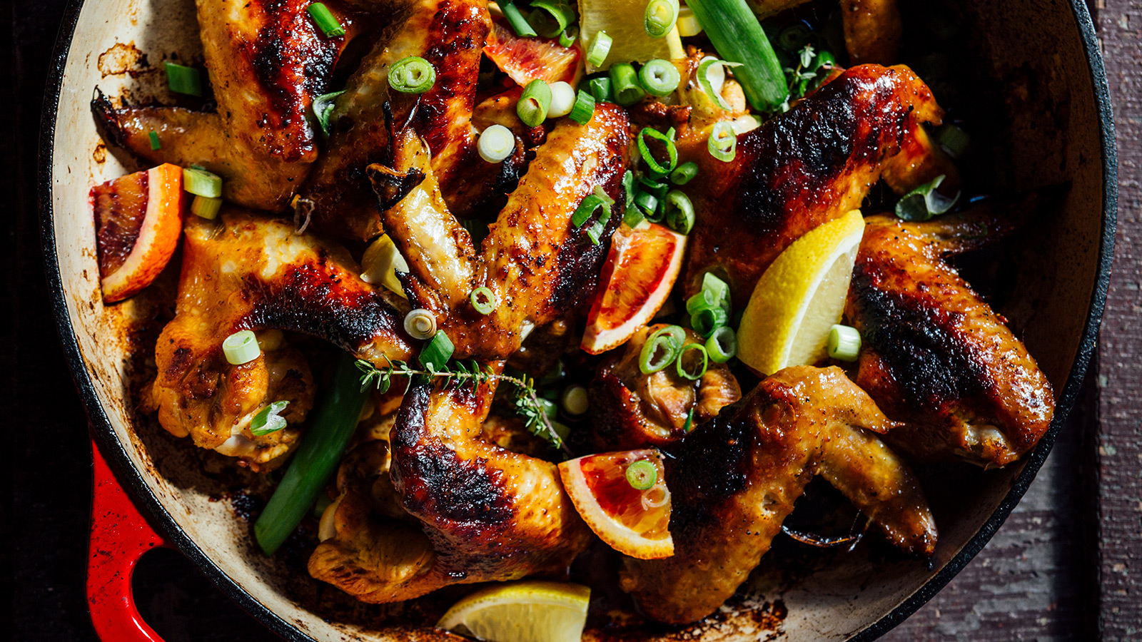 Skillet with Chicken Wings lemons and oranges by Todd Richards