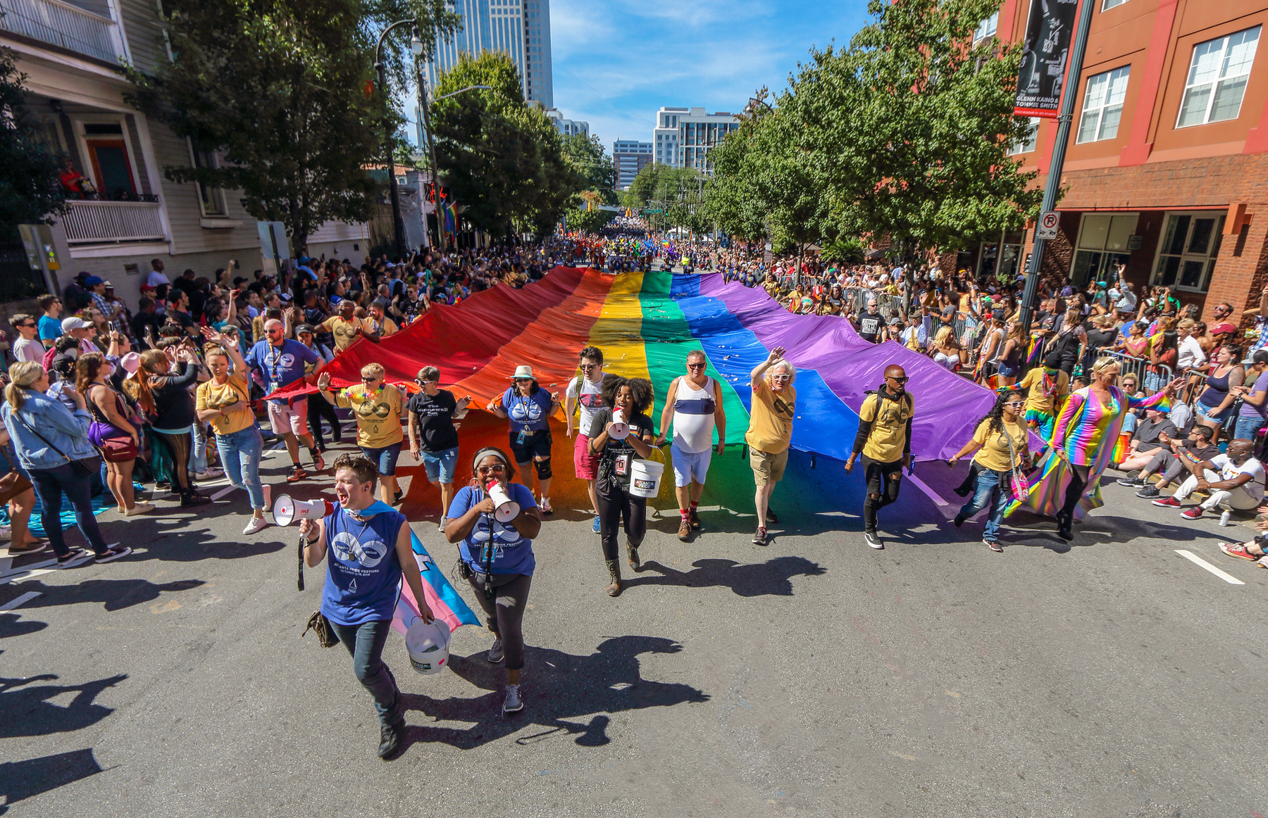 The Atlanta Pride flag parades through the city