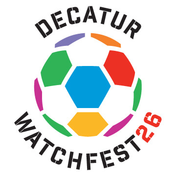 A colorful soccer ball with a rainbow pattern inside a circular logo with the text 'Decatur Watchfest 26' in Atlanta, Georgia.