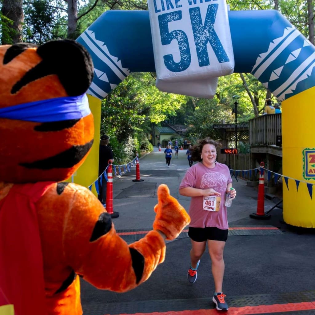 @DiscoverAtlanta Link In Bio 74 A woman runner high-fives a tiger mascot at the finish line of a 5K race in Atlanta, Georgia.