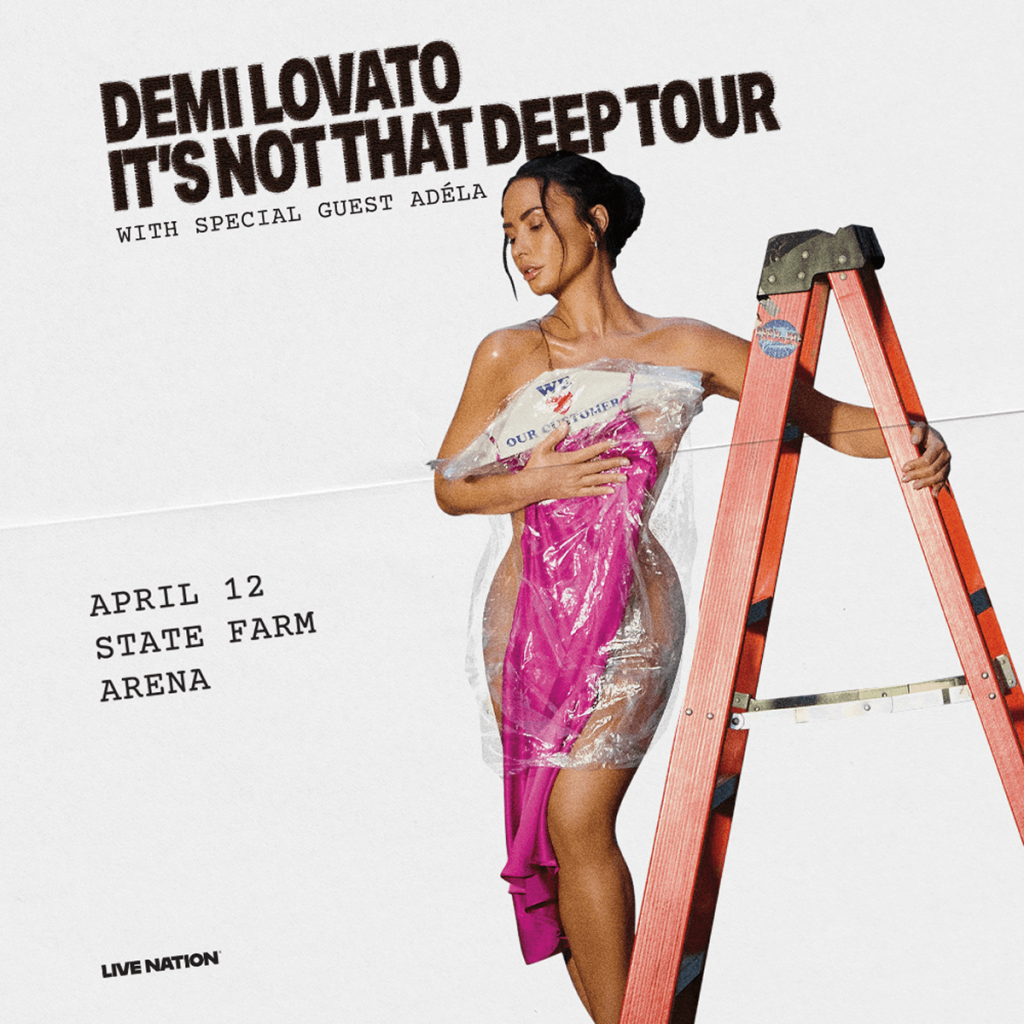 Demi Lovato, dressed in a pink gown wrapped in plastic, leans against a red ladder on a concert poster in Atlanta, Georgia.