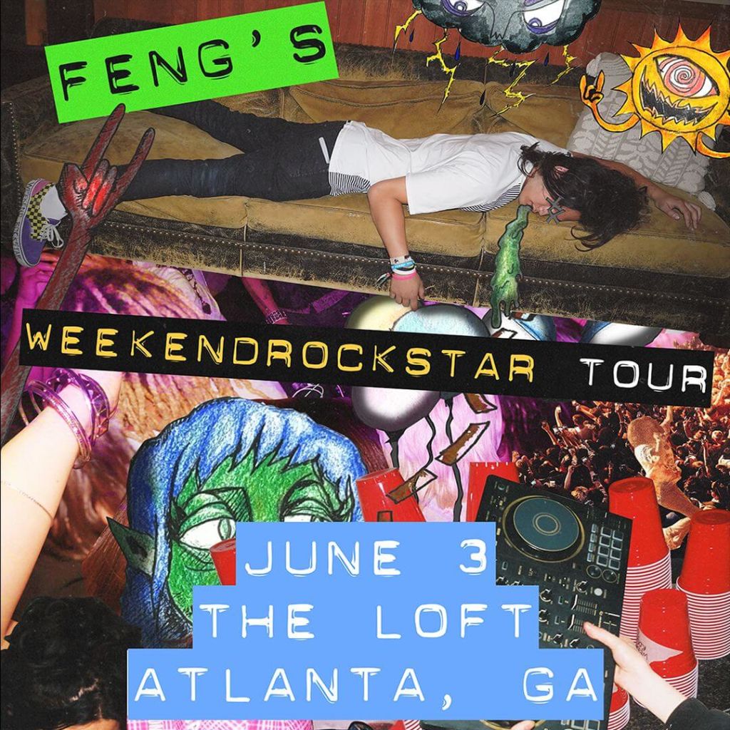 A psychedelic poster advertising Feng's Weekend Rock Star Tour, featuring a person lounging on a couch amidst surreal imagery, with details about a June 3rd show at The Loft in Atlanta, GA in Atlanta, Georgia.