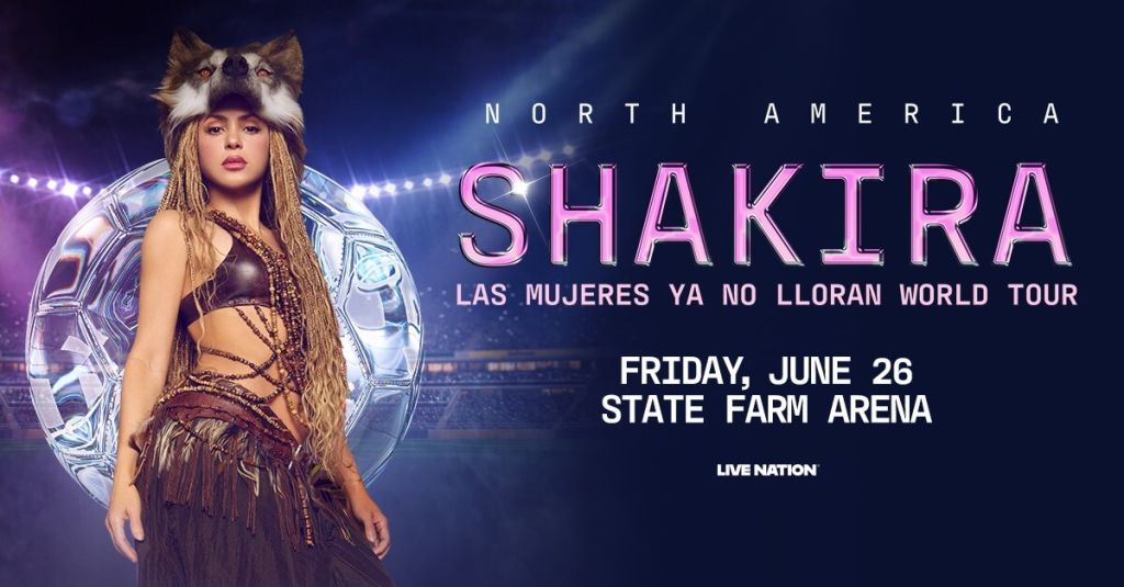 Shakira, wearing a wolf hat and tribal attire, promotes her Las Mujeres Ya No Lloran World Tour in North America, with a show at State Farm Arena on June 26 in Atlanta, Georgia.