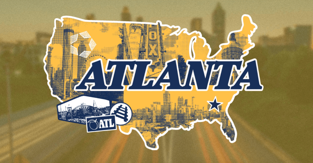 A stylized map of the United States with Atlanta highlighted, featuring iconic city landmarks and symbols in Atlanta, Georgia.