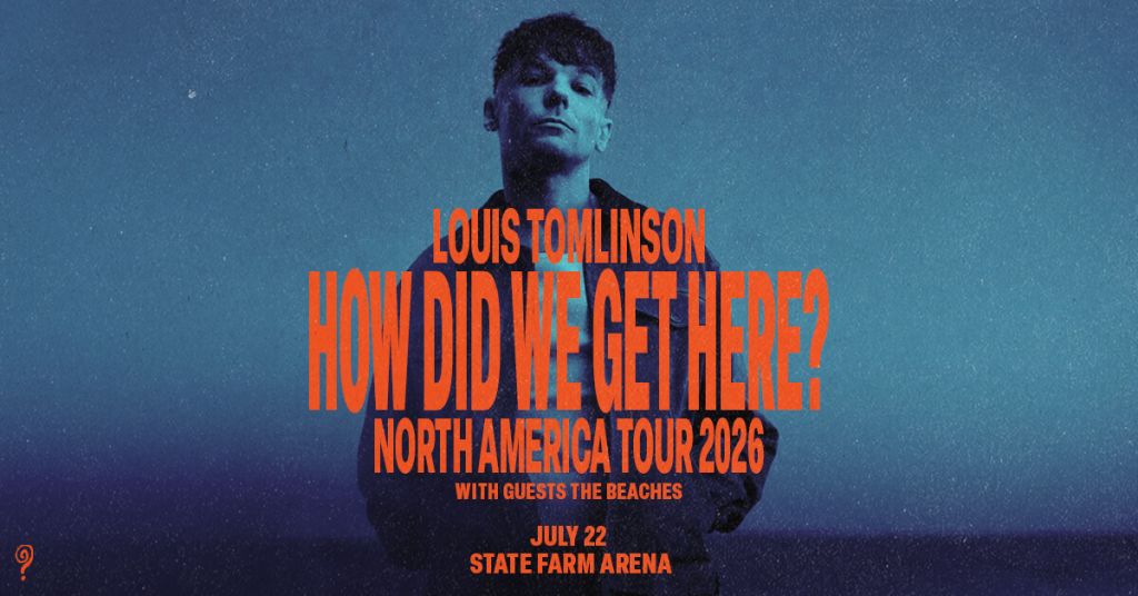 Louis Tomlinson stands against a blue backdrop, promoting his North America Tour 2026 with guests The Beaches at State Farm Arena on July 22 in Atlanta, Georgia.