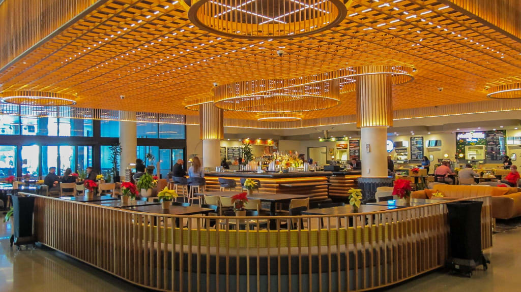 A modern restaurant with a curved wooden bar, circular lighting, and potted plants in Atlanta, Georgia.