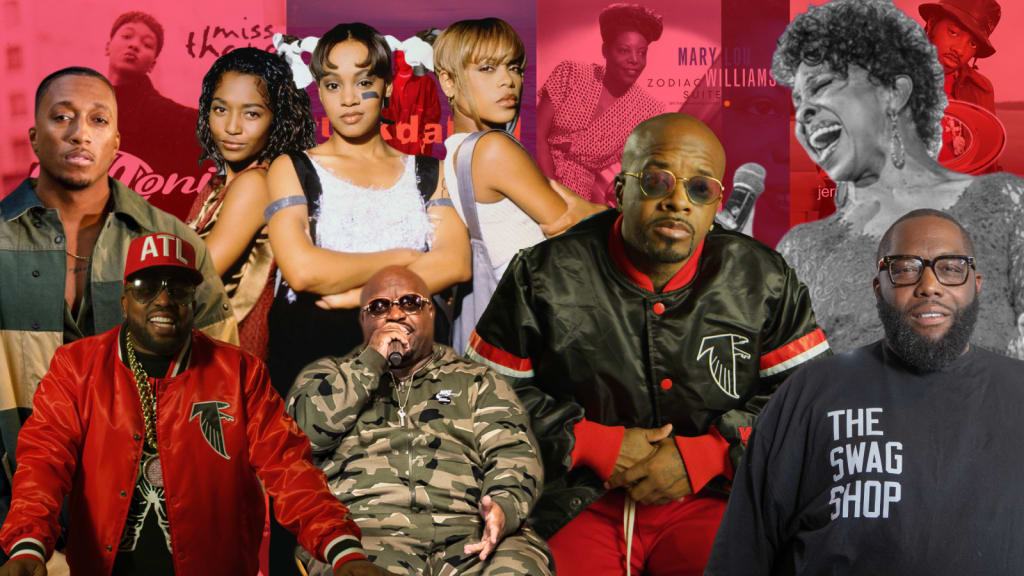 A collage of diverse musicians and performers, including rappers, singers, and actors in Atlanta, Georgia.