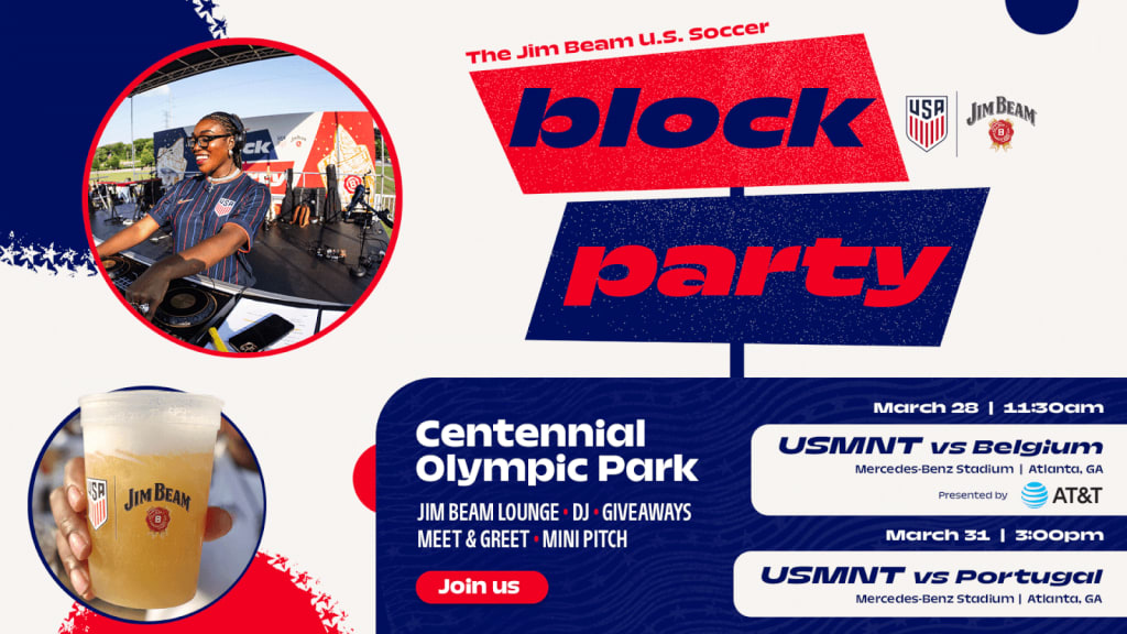A promotional poster for a soccer event featuring the US Women's National Team, with a DJ and Jim Beam drinks in Atlanta, Georgia.