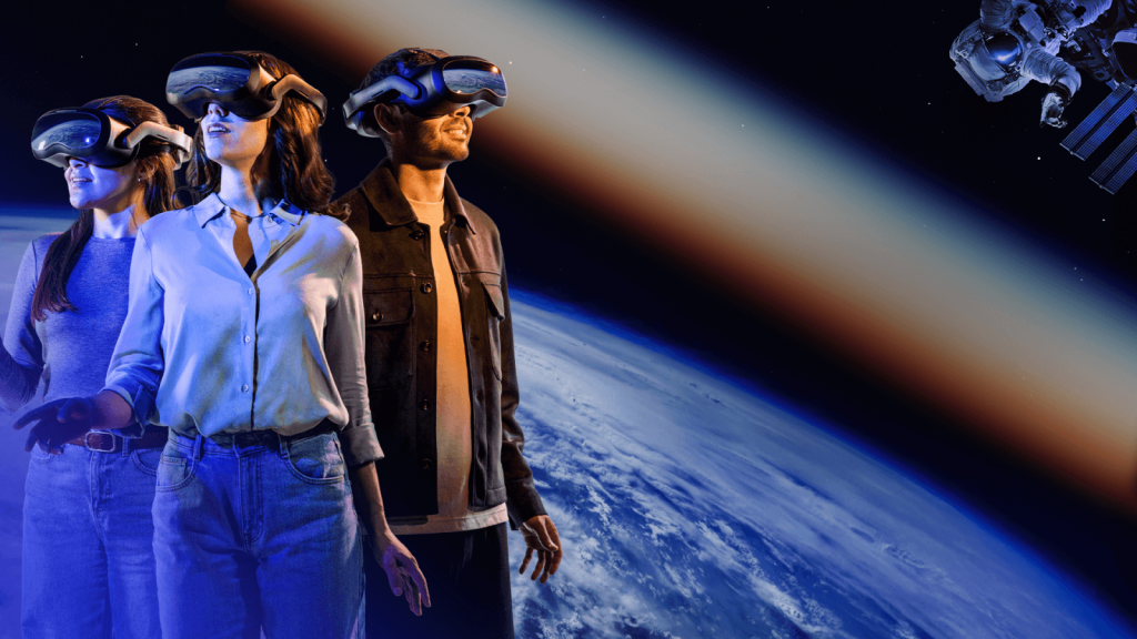 Three individuals wearing futuristic virtual reality headsets stand together, gazing at a breathtaking view of Earth from space, with a satellite visible in the distance in Atlanta, Georgia.