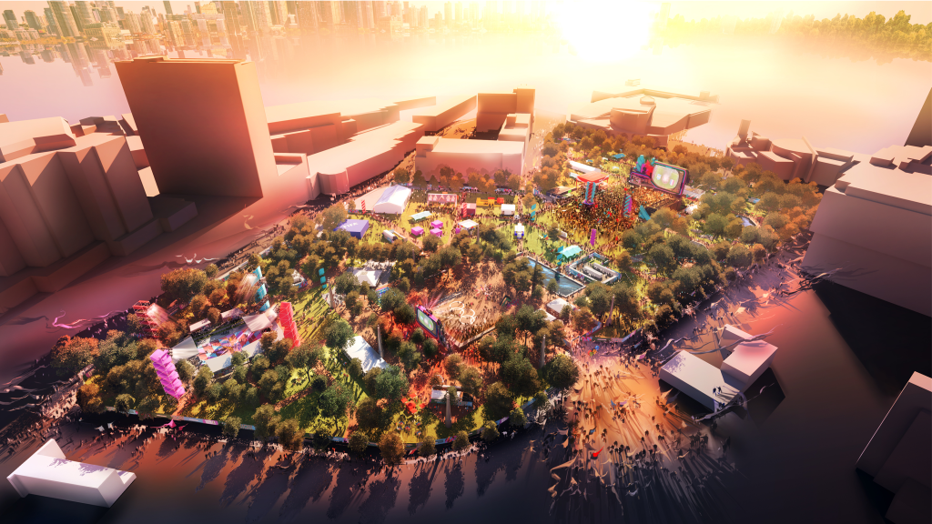A vibrant, futuristic cityscape with a central park filled with colorful tents and structures, surrounded by towering buildings and a bustling crowd in Atlanta, Georgia.