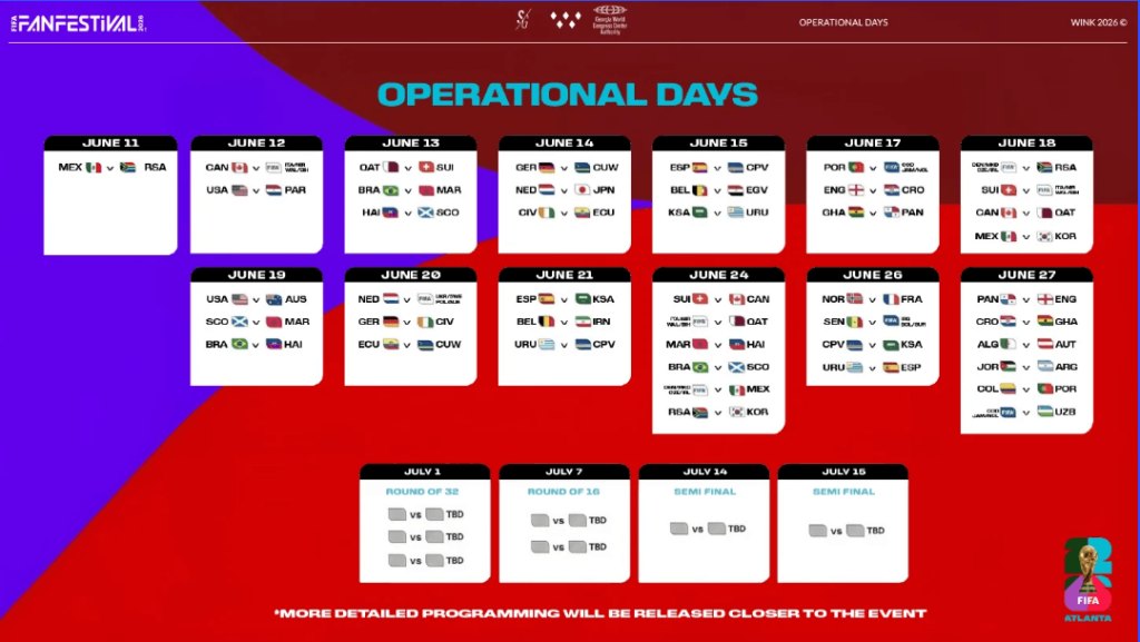 FIFA Women's World Cup 2023: Operational days schedule featuring group stage matches and knockout rounds in Atlanta, Georgia.