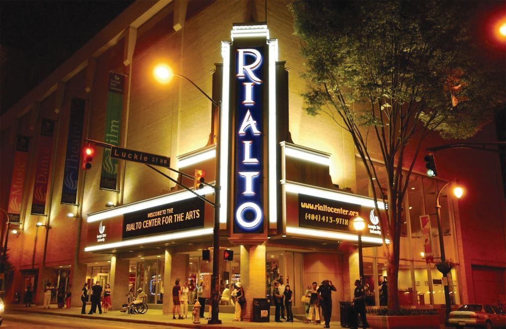 The Rialto sign from outside the Center for the Arts.