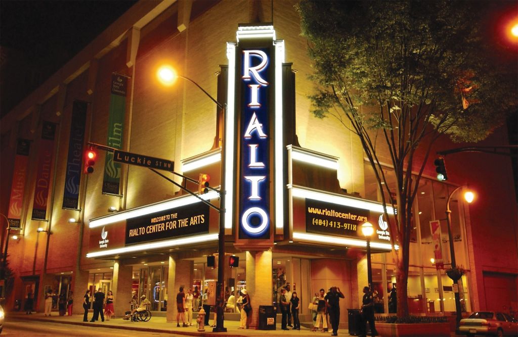 The Rialto sign from outside the Center for the Arts. 