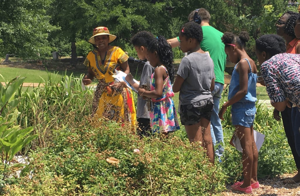 A group of children and adults, including a woman in a vibrant yellow dress, gather around a lush garden bed, examining plants and flowers with curiosity and enthusiasm in Atlanta, Georgia.