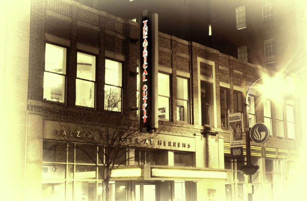 A sepia photo of the outside of Theatrical Outfit.