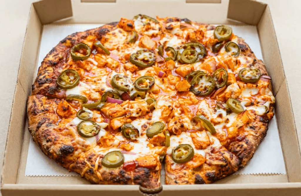 A mouthwatering pizza topped with jalapeños, onions, and chunks of chicken in a spicy sauce, served in a cardboard box in Atlanta, Georgia.