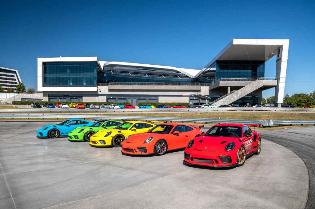 Line-up of cars at the Porsche Experience Center in Atlanta.