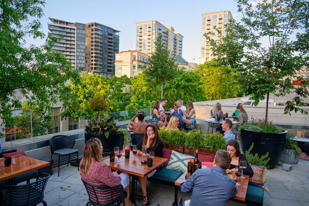 People enjoying drinks and conversation at an outdoor rooftop bar surrounded by greenery and city skyline in Atlanta, Georgia.