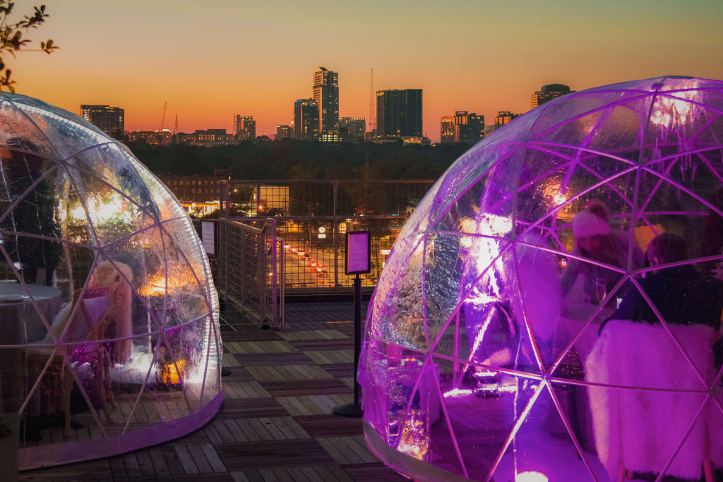 Rent an igloo to dine in comfort on the roof or patio at PCM