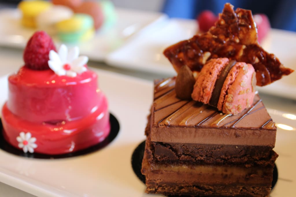 pink dessert and chocolate dessert