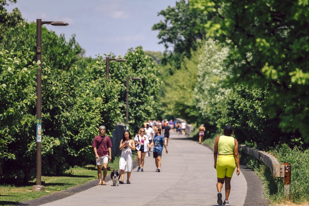 A sunny day on a tree-lined path with people walking, jogging, and cycling in Atlanta, Georgia.