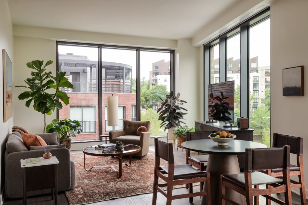 Modern living room with large windows, plants, and a mix of contemporary and traditional furniture in Atlanta, Georgia.
