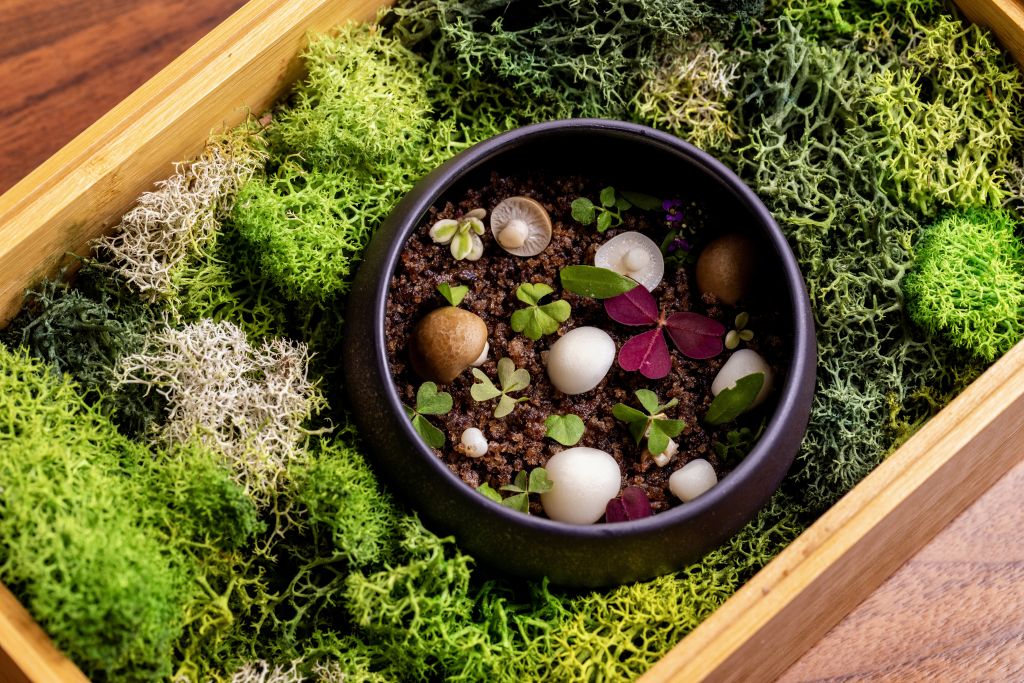 A black bowl filled with mushrooms and greens sits in a wooden box lined with moss in Atlanta, Georgia.