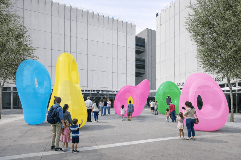 Families and individuals gather around large, colorful inflatable sculptures resembling giant soap bubbles in an urban plaza in Atlanta, Georgia.