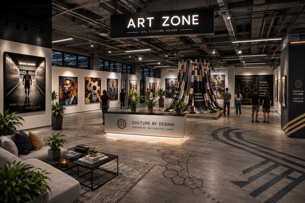 A spacious art gallery with modern decor, featuring sports-themed artwork and a central reception desk in Atlanta, Georgia.