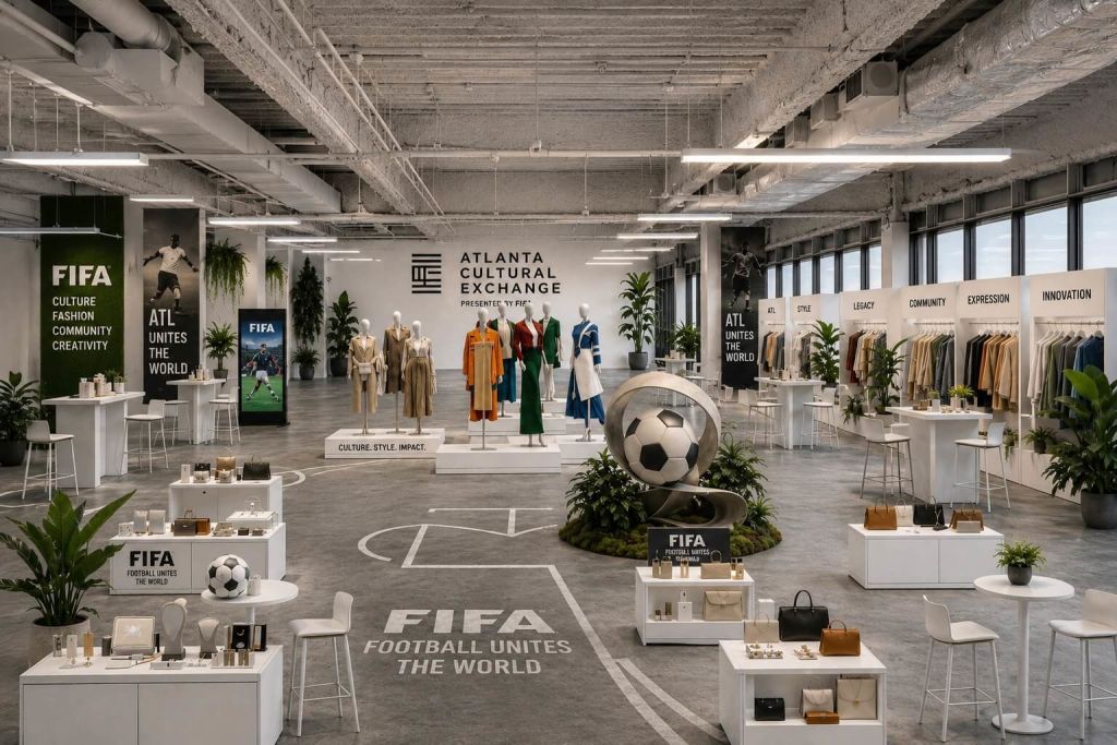 A spacious, modern exhibition hall featuring FIFA-themed displays, fashion mannequins, and a large soccer ball sculpture in Atlanta, Georgia.