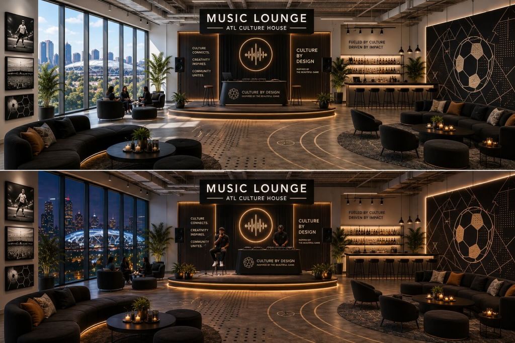 A modern music lounge with panoramic city views, featuring a stage, bar, and comfortable seating areas in Atlanta, Georgia.