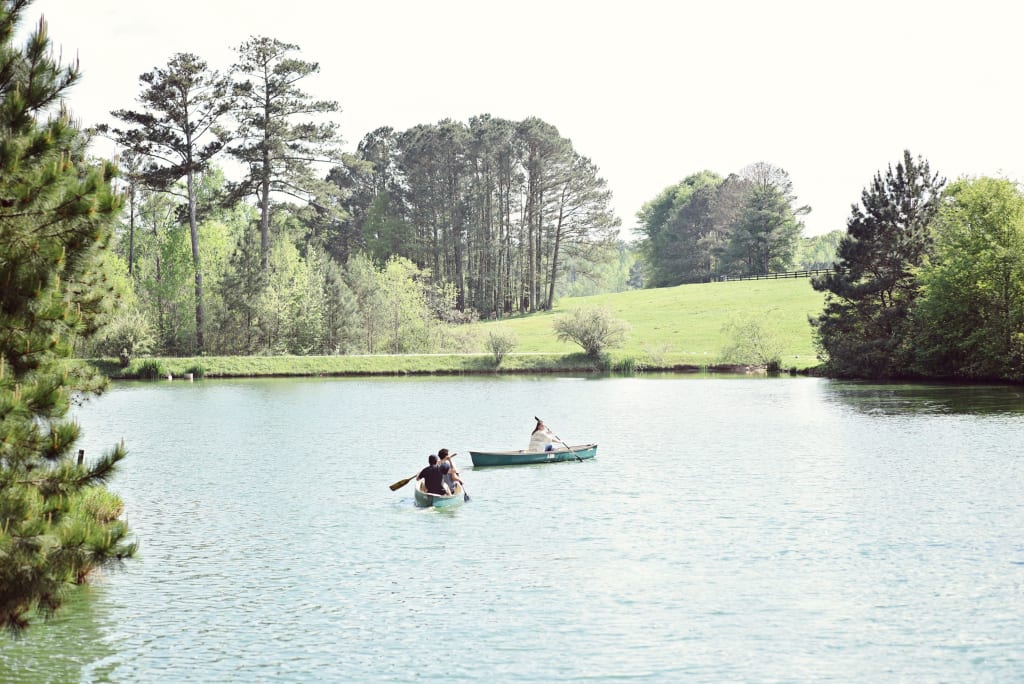 Two canoes glide across a serene lake surrounded by lush greenery and tall trees in Atlanta, Georgia.