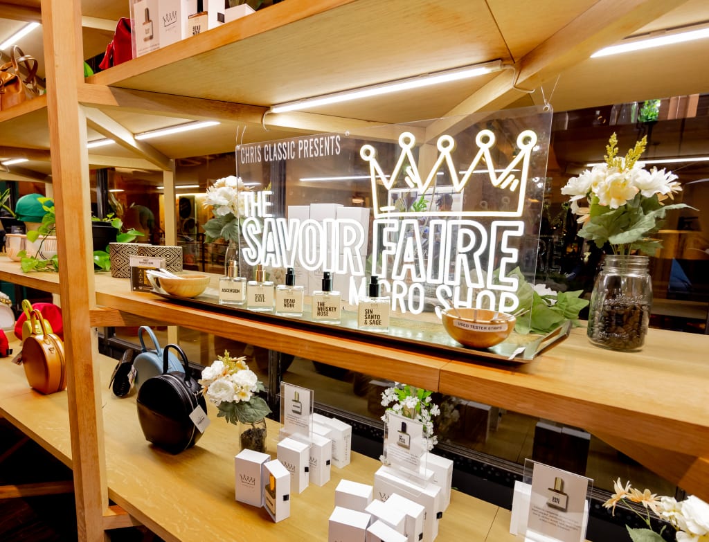 A stylish beauty shop display featuring a variety of products and decorative elements in Atlanta, Georgia.
