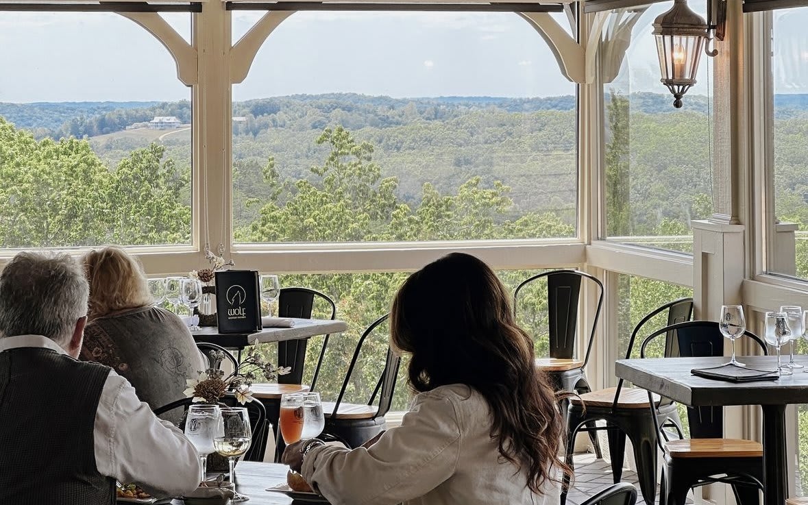 Exploring the Best Wineries Near Atlanta: A Guide to Vineyards and Tastings 8 Patrons enjoy a meal with a view at a restaurant with large windows overlooking a scenic landscape in Atlanta, Georgia.