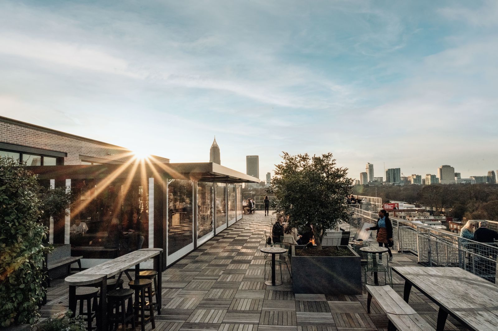 Enjoy the Atlanta skyline from the patio of 9 Mile Station