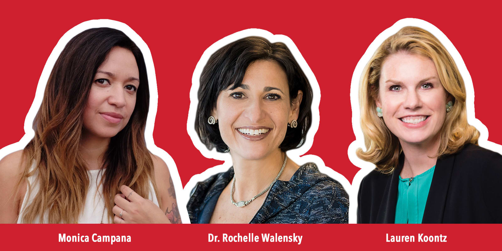 Meet 50+ Influential Atlanta Women You Should Know 8 Three smiling women with different hairstyles and outfits stand against a red background in Atlanta, Georgia.