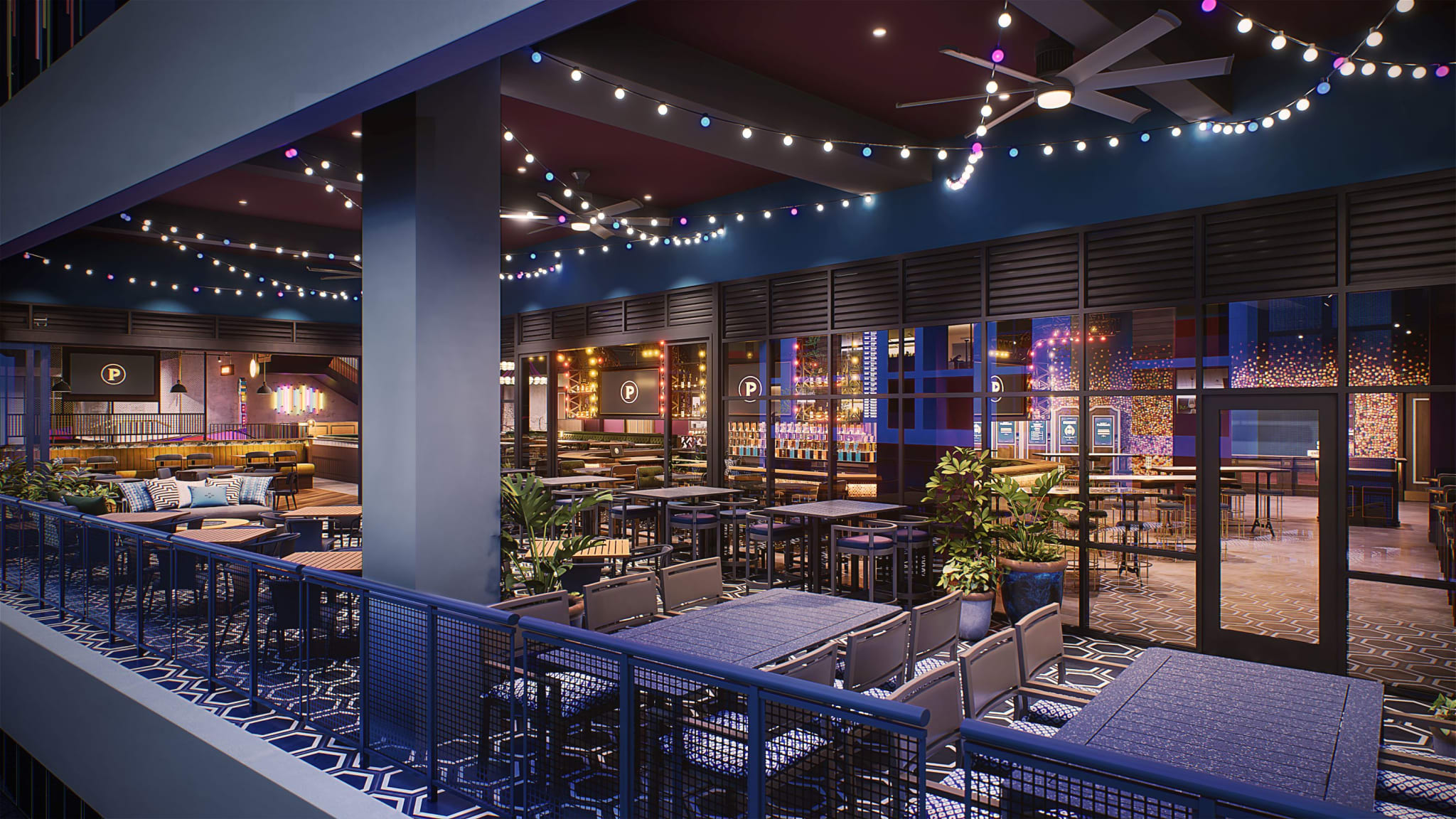 A modern restaurant with a vibrant, colorful interior featuring string lights and potted plants in Atlanta, Georgia.