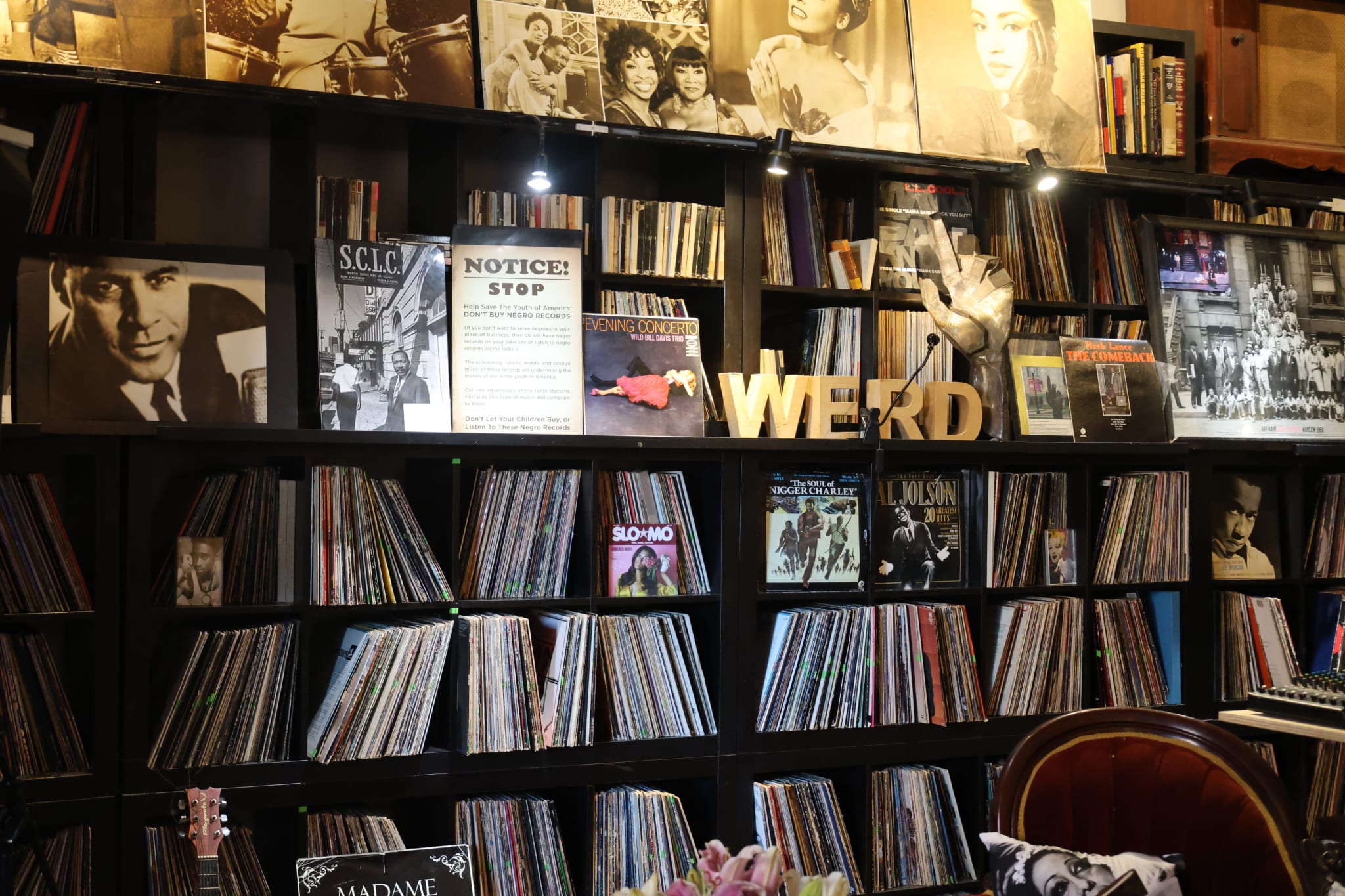 A record store with a large collection of vinyl records and vintage music memorabilia in Atlanta, Georgia.