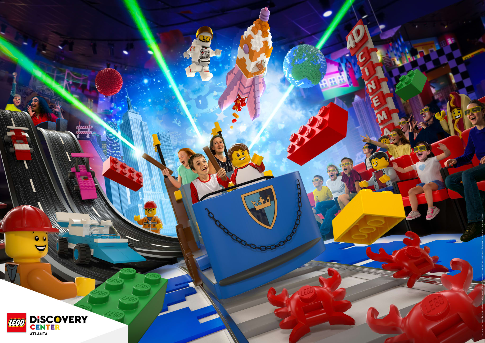 A vibrant LEGO Discovery Center ride with a roller coaster, LEGO characters, and excited children in Atlanta, Georgia.