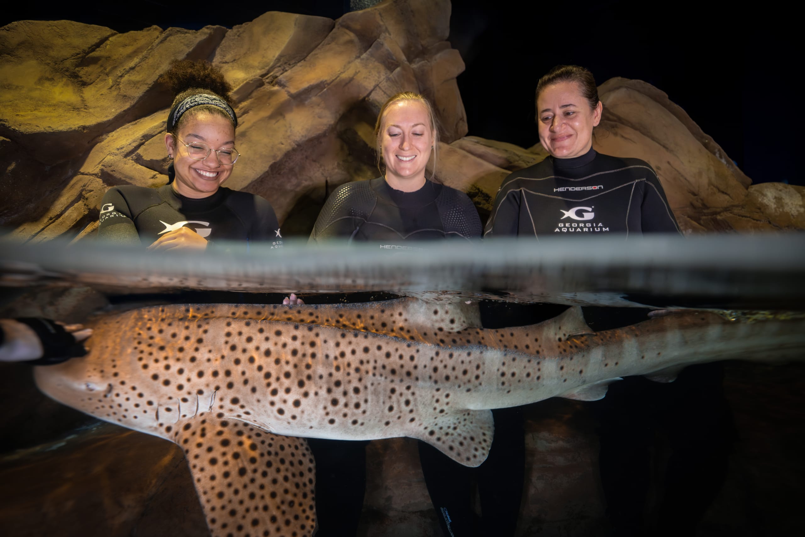 Three women in wetsuits smile as they hold a spotted eagle ray underwater near a rock wall in Atlanta, Georgia.