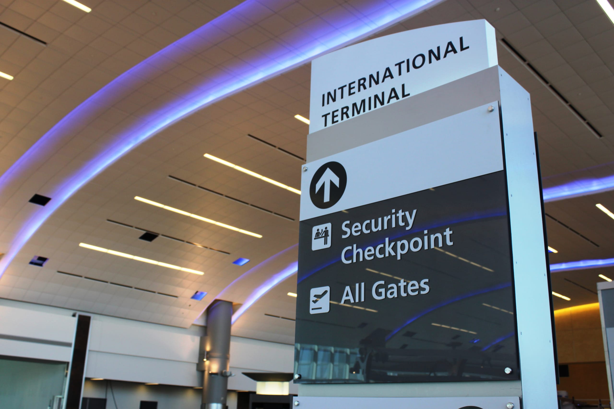 Hartsfield-Jackson Atlanta International Airport 2 Sign indicating the direction to the international terminal, security checkpoint, and all gates in Atlanta, Georgia.