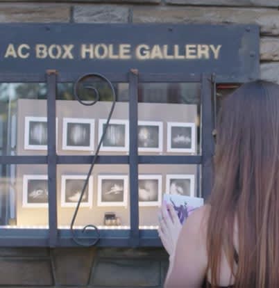 CLAVVS 2 Woman with long hair examines framed photographs in a gallery window in Atlanta, Georgia.