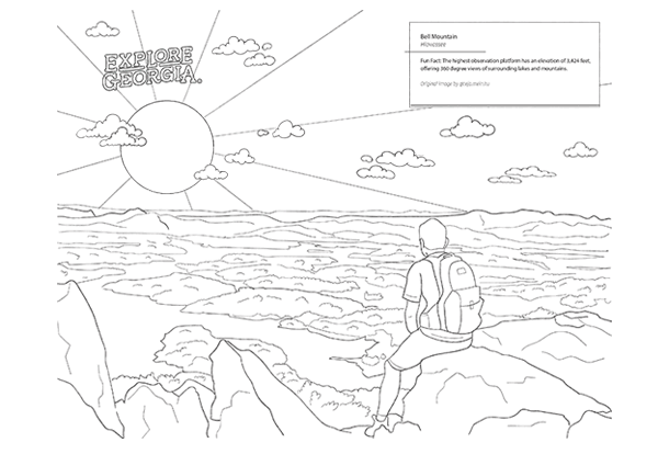 HAPPY HOLIDAYS 5 A black and white illustration of a hiker on a mountain ridge overlooking a vast landscape in Atlanta, Georgia.