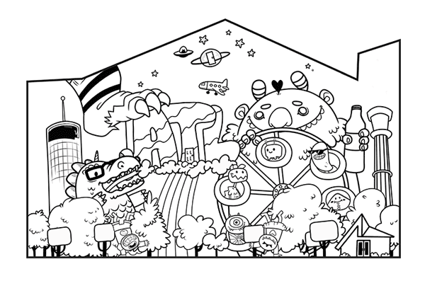 HAPPY HOLIDAYS 11 Whimsical black and white drawing of a fantastical amusement park with monsters and rides in Atlanta, Georgia.