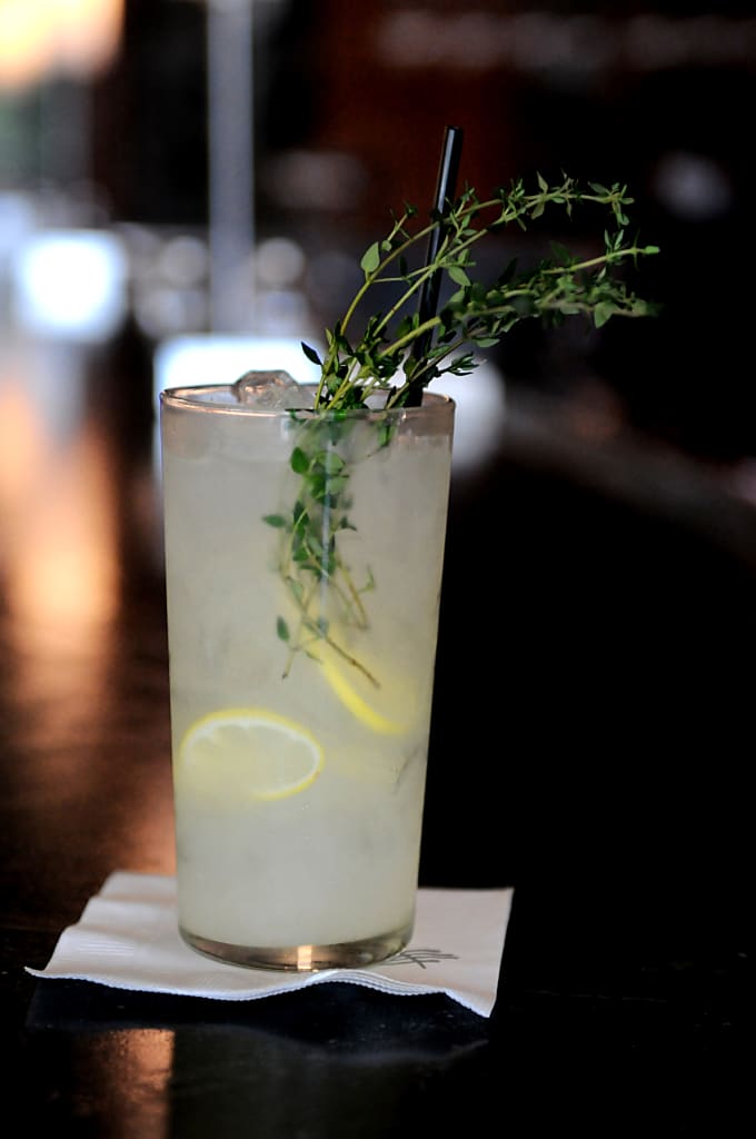 A refreshing glass of iced lemon-thyme drink garnished with a sprig of thyme in Atlanta, Georgia.