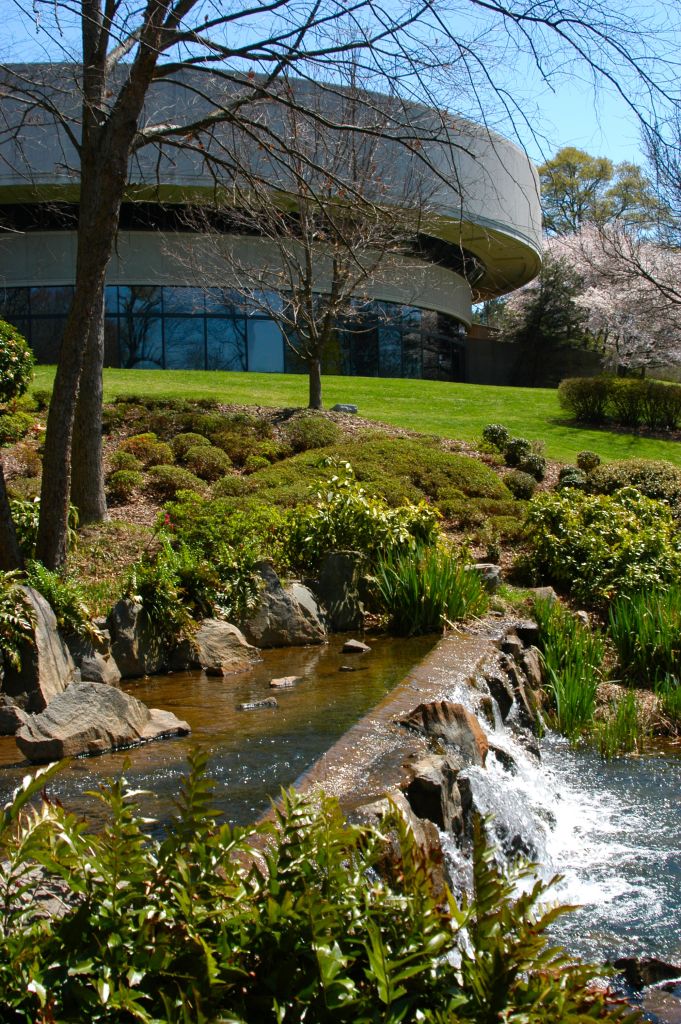 Jimmy Carter's Legacy and Impact on Atlanta 1 A serene landscape with a small waterfall, lush greenery, and a modern building in the background in Atlanta, Georgia.