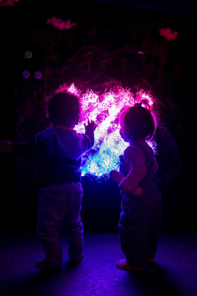 Bossa Nova Baby Brings an Immersive Amazon Rainforest to Atlanta 2 Two young children stand in a dark room, mesmerized by a vibrant display of pink and blue lights that resemble a magical waterfall in Atlanta, Georgia.