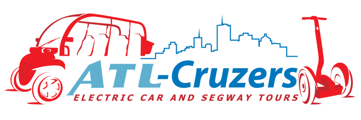Electric vehicle tour company logo featuring a stylized car and Segway against a city skyline in Atlanta, Georgia.