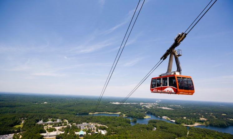 Parks & Venues 3 A red aerial tram car hangs from cables against a backdrop of a vast, green forest and a winding river in Atlanta, Georgia.