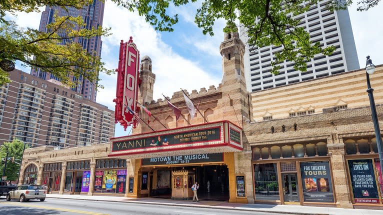 The Fox Theatre in Atlanta displays a marquee for 'Motown the Musical' in Atlanta, Georgia.